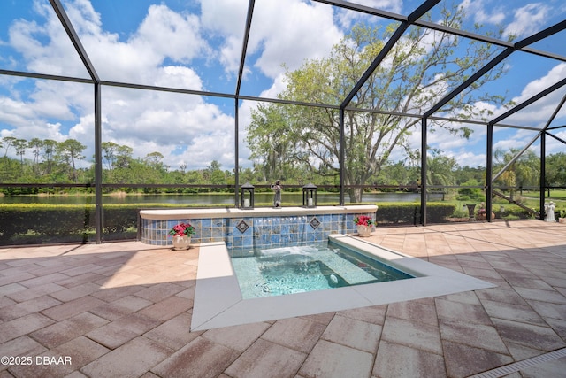 202 Willow Oak Way, Palm Coast, FL 32137 - view of swimming pool with a jacuzzi, a patio, a water view, a swimming pool, and glass enclosure
