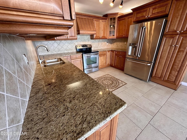 kitchen featuring brown cabinets, backsplash, appliances with stainless steel finishes, a sink, and premium range hood