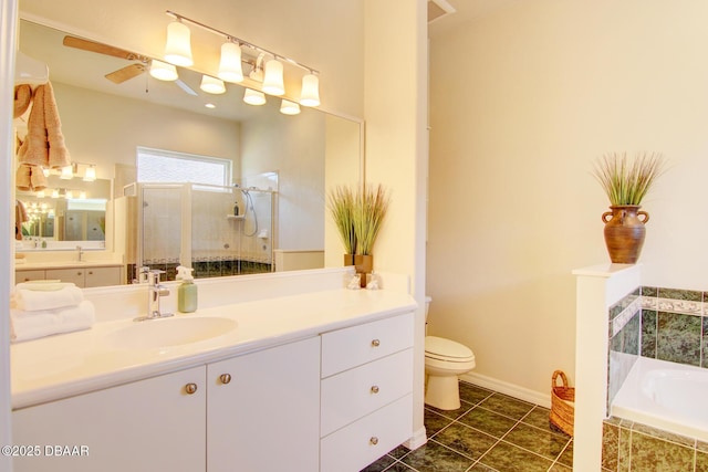 3288 Spruce Creek Gln, Port Orange, FL 32128 - bathroom with vanity, a garden tub, a tile shower, tile patterned flooring, and ceiling fan
