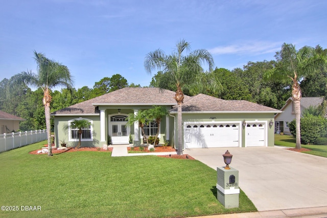 3288 Spruce Creek Gln, Port Orange, FL 32128 - view of front of house with french doors, a garage, driveway, stucco siding, and a shingled roof