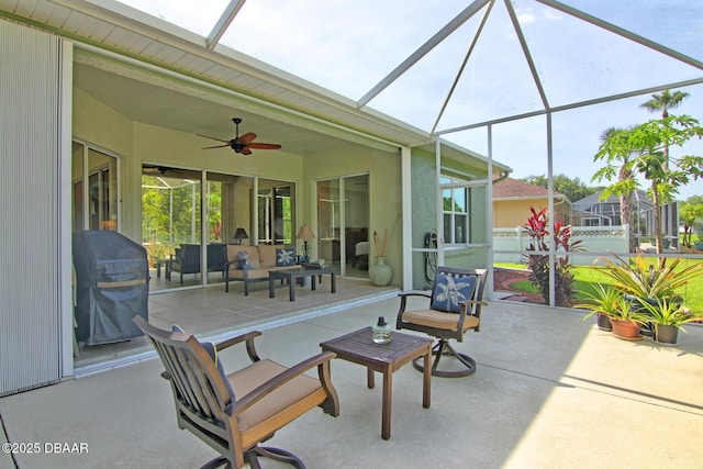 3288 Spruce Creek Gln, Port Orange, FL 32128 - view of patio / terrace with a ceiling fan, glass enclosure, and grilling area