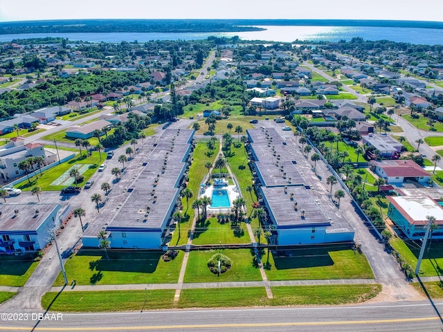 aerial view featuring a residential view and a water view