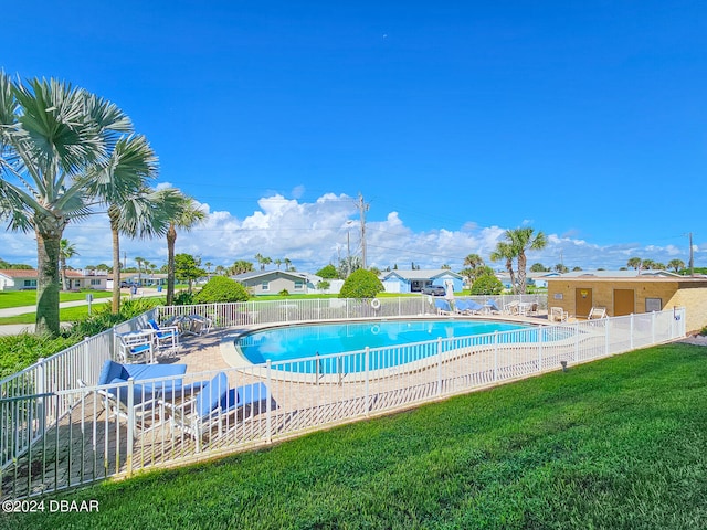 view of pool featuring a yard and a patio area