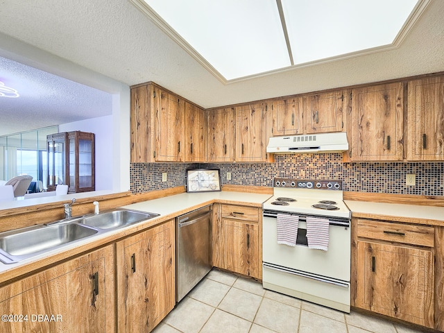 kitchen featuring a textured ceiling, stainless steel dishwasher, white electric stove, and light tile patterned flooring