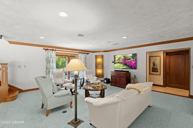 1010/1020 Big Tree Rd, Daytona Beach, FL 32119 - living room featuring carpet floors, crown molding, and recessed lighting