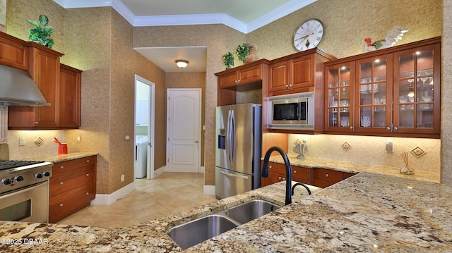 kitchen with sink, stainless steel appliances, light stone counters, exhaust hood, and ornamental molding