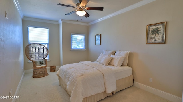 bedroom with ceiling fan, light colored carpet, and ornamental molding