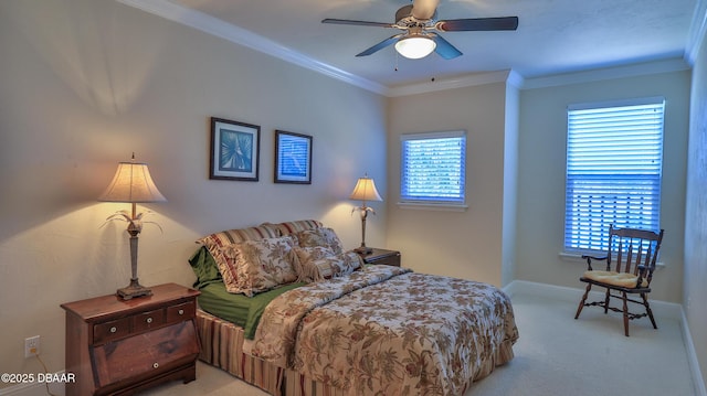 bedroom featuring multiple windows, light colored carpet, ceiling fan, and crown molding