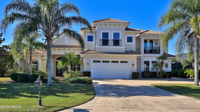 mediterranean / spanish-style house featuring a balcony, a front yard, and a garage