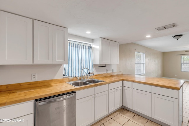 kitchen with dishwasher, sink, wood counters, and kitchen peninsula