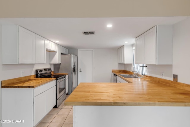 kitchen featuring white cabinetry, appliances with stainless steel finishes, butcher block counters, and kitchen peninsula