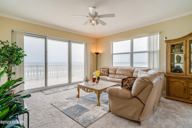 3801 S Atlantic Ave Unit 303, Daytona Beach Shores, FL 32118 - living room with a ceiling fan, ornamental molding, light carpet, a textured ceiling, and a water view