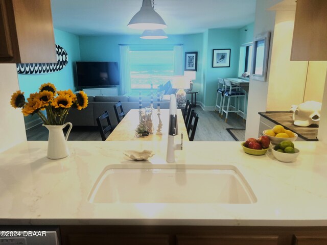 kitchen featuring hanging light fixtures, sink, and light hardwood / wood-style flooring