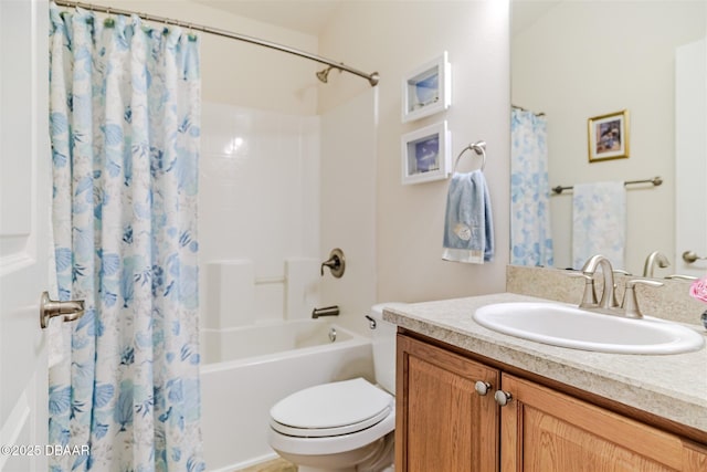 full bathroom featuring vanity, toilet, and shower / bathtub combination with curtain