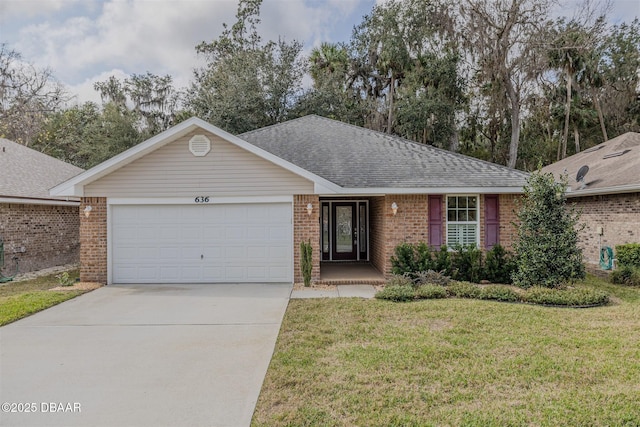 single story home featuring a garage and a front lawn