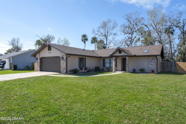 ranch-style house with a garage and a front lawn