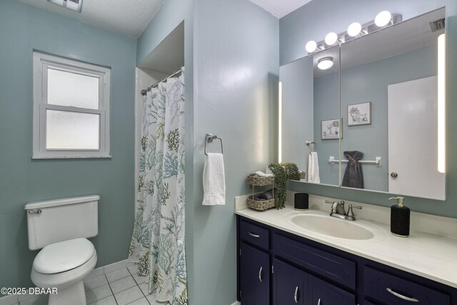 full bathroom with visible vents, toilet, vanity, and tile patterned flooring