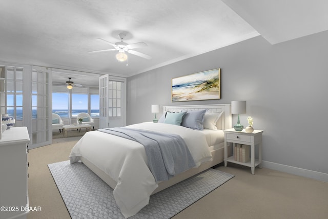 4621 S Atlantic Ave Ave Unit 7101, Ponce Inlet, FL 32127 - bedroom featuring carpet floors, a water view, ceiling fan, and crown molding