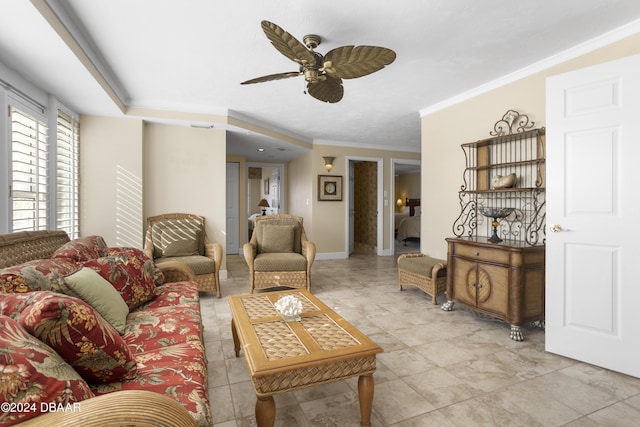 4621 S Atlantic Ave Ave Unit 7101, Ponce Inlet, FL 32127 - living room with a ceiling fan and ornamental molding