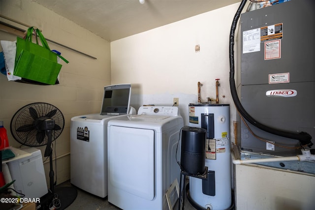 919 Boulder Dr, South Daytona, FL 32119 - laundry area with water heater, separate washer and dryer, heating unit, and concrete block wall