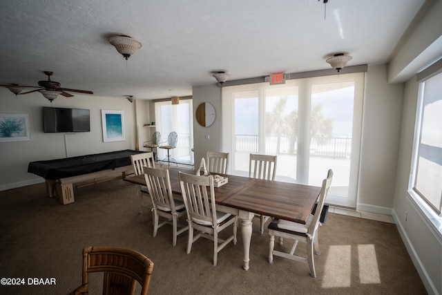 dining room featuring carpet flooring, pool table, plenty of natural light, and ceiling fan