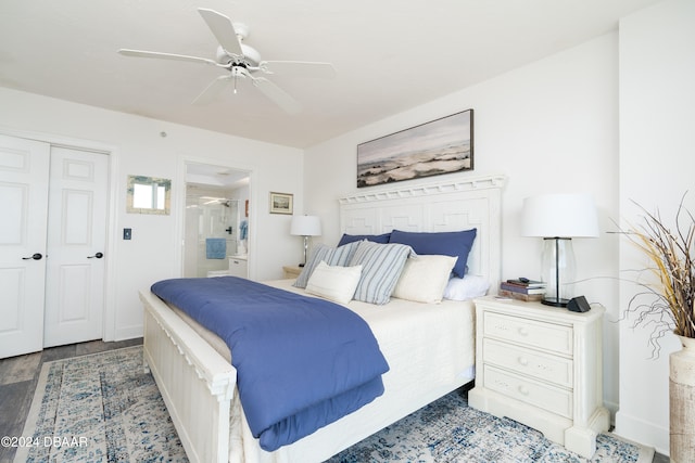 bedroom with ceiling fan, a closet, and dark hardwood / wood-style flooring