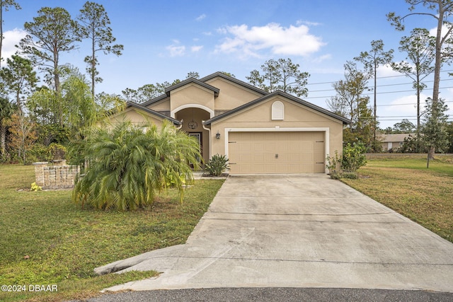 view of front of house with a garage and a front lawn