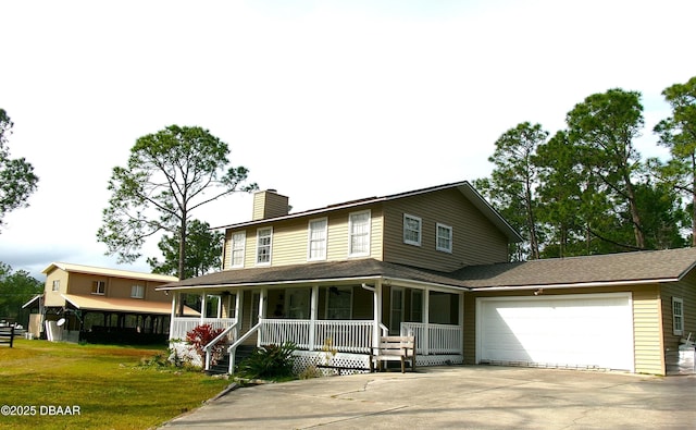 farmhouse with a garage, covered porch, and a front lawn