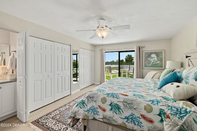 bedroom with access to exterior, light hardwood / wood-style floors, and ceiling fan