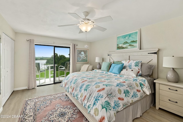 bedroom with ceiling fan, access to exterior, a closet, and light hardwood / wood-style flooring