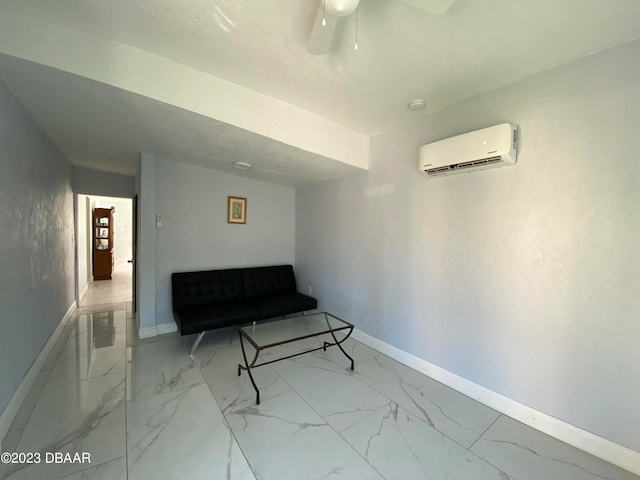 unfurnished room with ceiling fan and a wall mounted air conditioner