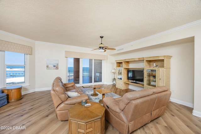 living room with ornamental molding, light wood-type flooring, and a textured ceiling