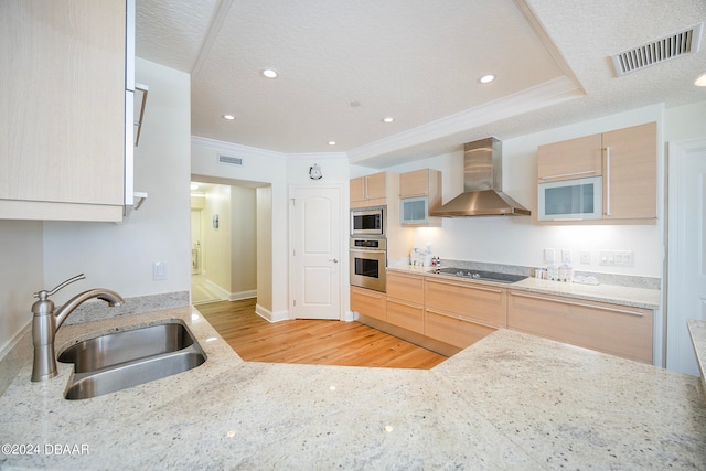 kitchen with light stone counters, sink, wall chimney range hood, appliances with stainless steel finishes, and light brown cabinetry