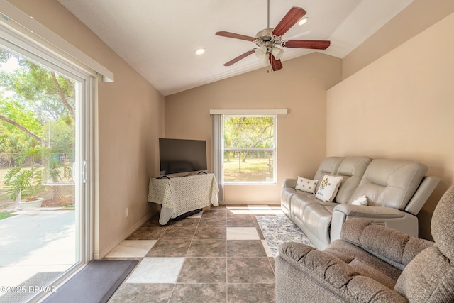 1692 Old Tomoka Rd Unit W, Ormond Beach, FL 32174 - living room featuring a ceiling fan, vaulted ceiling, baseboards, and recessed lighting