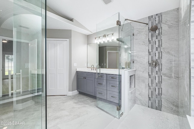 7 Traceway Ct, Ormond Beach, FL 32174 - full bathroom featuring a shower stall, vanity, vaulted ceiling, and marble tiled floors
