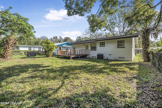 656 Winchester St, Daytona Beach, FL 32114 - back of house featuring a fenced backyard, a lawn, central AC, and a deck