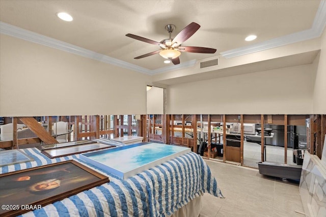 tiled bedroom with ornamental molding