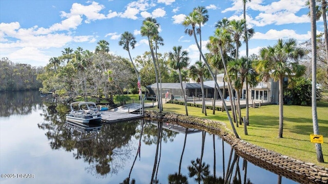 dock area featuring a water view and a yard