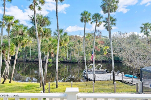 property view of water with a dock