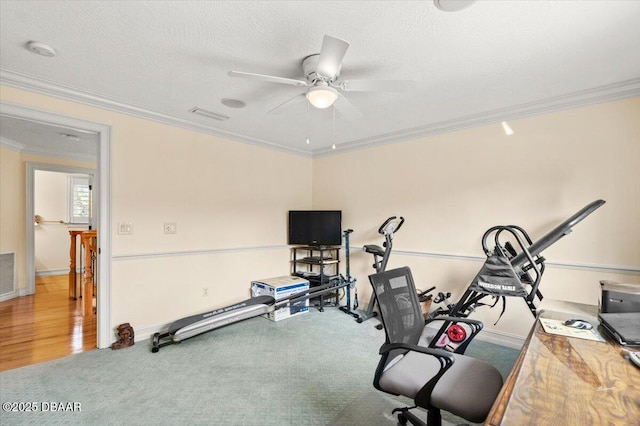 workout area featuring crown molding, ceiling fan, carpet floors, and a textured ceiling