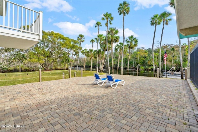 view of patio / terrace featuring a water view