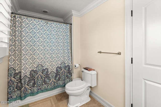 bathroom with shower / tub combo with curtain, tile patterned flooring, ornamental molding, and toilet