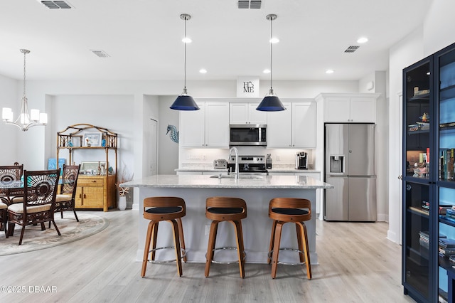 kitchen featuring stainless steel appliances, visible vents, white cabinets, light wood-style floors, and an island with sink