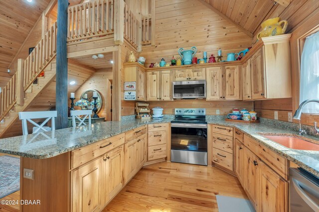 kitchen with light brown cabinets, appliances with stainless steel finishes, sink, and wood ceiling