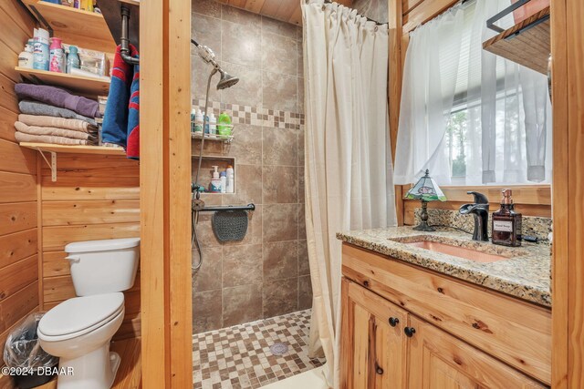 bathroom with a shower with shower curtain, wooden walls, toilet, and vanity