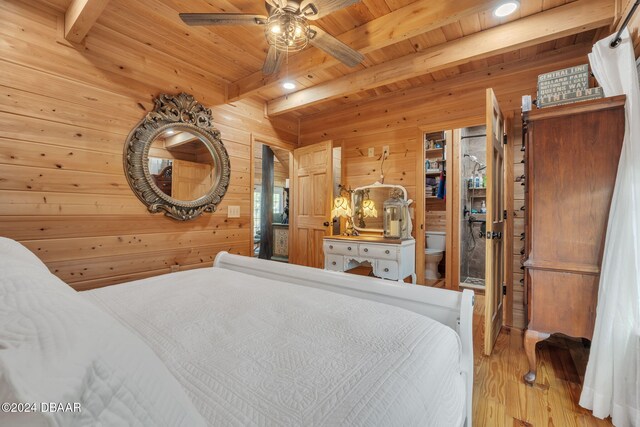 bedroom featuring light wood-type flooring, wooden walls, beamed ceiling, wooden ceiling, and ceiling fan