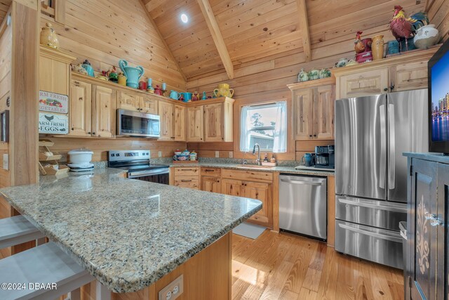 kitchen featuring sink, kitchen peninsula, appliances with stainless steel finishes, a kitchen bar, and light wood-type flooring