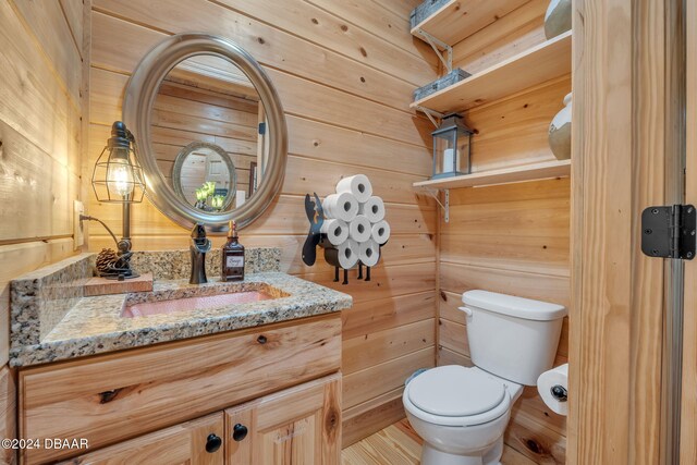 bathroom with wood walls, vanity, and toilet