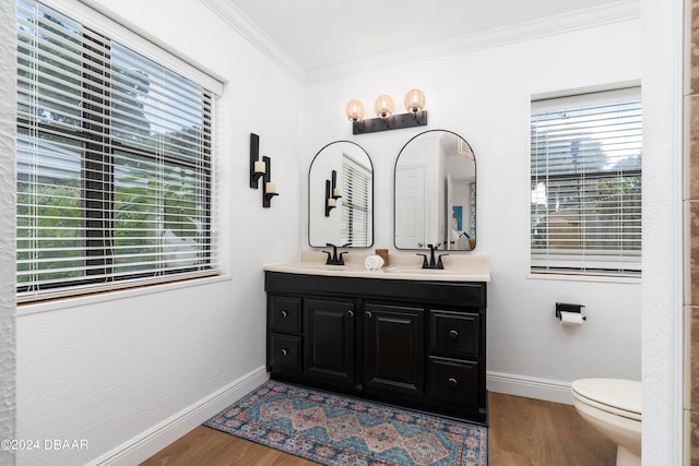 bathroom featuring wood-type flooring, a healthy amount of sunlight, and crown molding