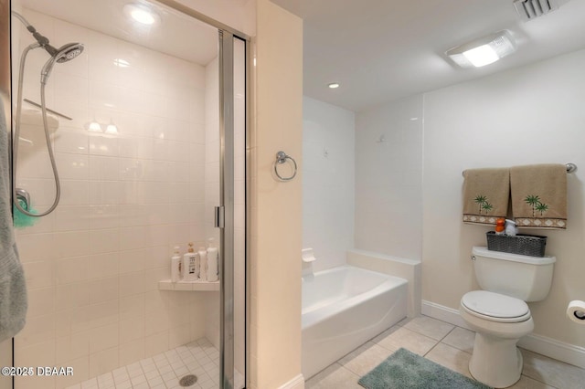 bathroom featuring independent shower and bath, tile patterned flooring, and toilet